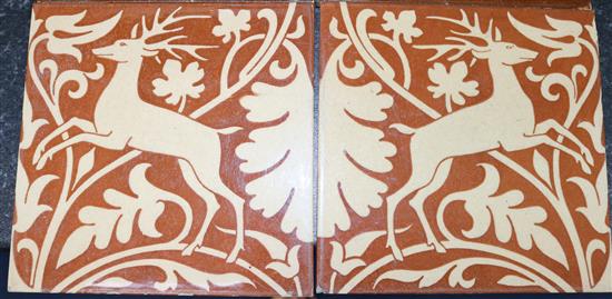 John Moyr-Smith. A rare set of six Mintons China Works water nymphs dust pressed tiles, all 6in. sq.